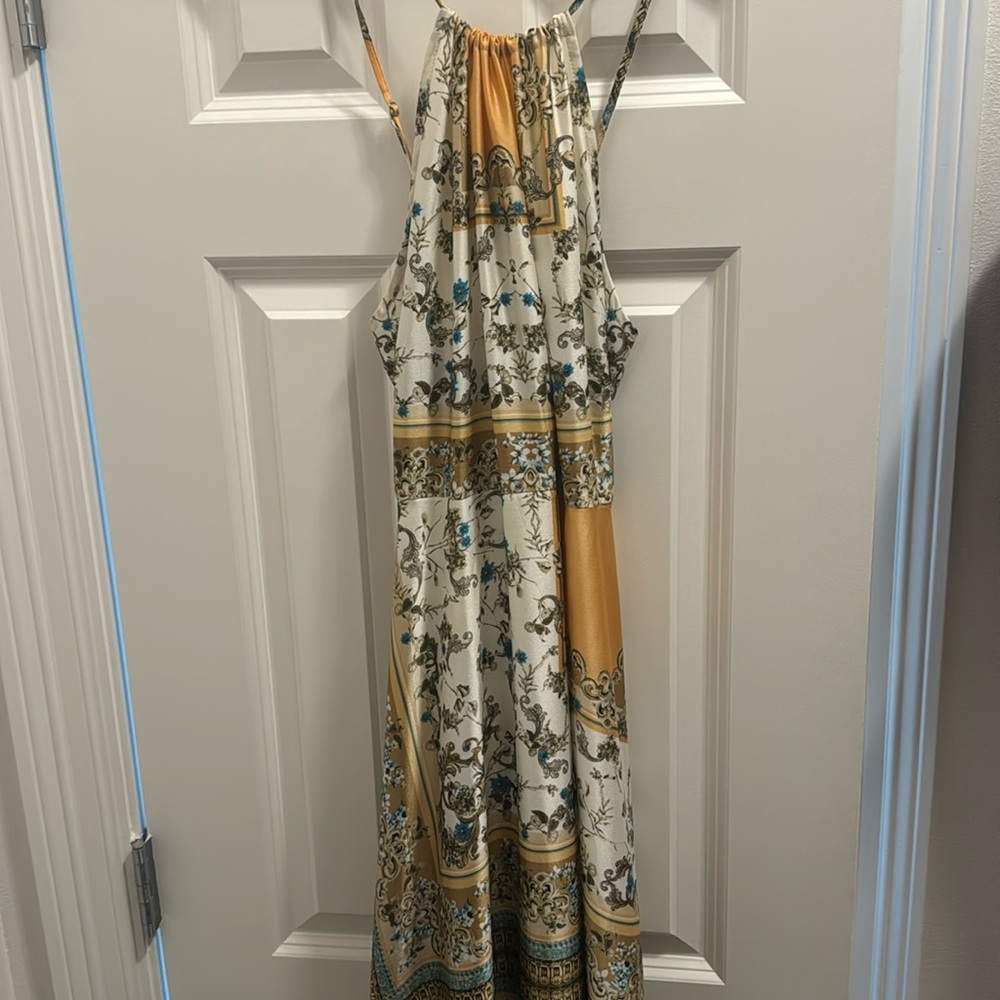 Divinely Inspired White Scarf Print Satin Backless Maxi Dress - Picture 2 of 3